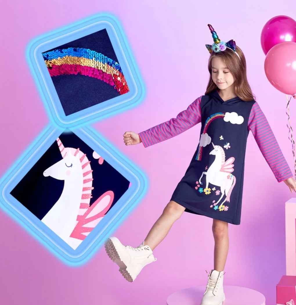 Purple Hooded Unicorn Dress (3-8Yrs)