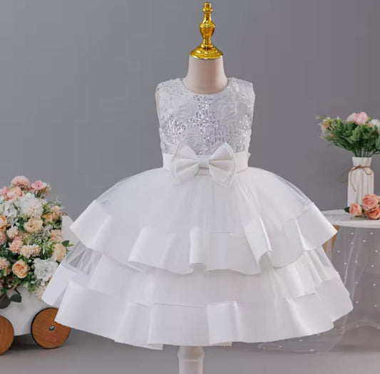 White Sequin Tiered Dress (2-10 Yrs)