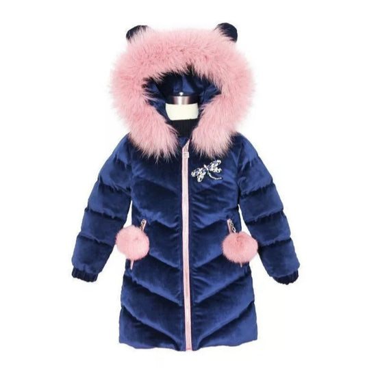 Blue Pom-Pom Coat, Size 3-12 Yrs