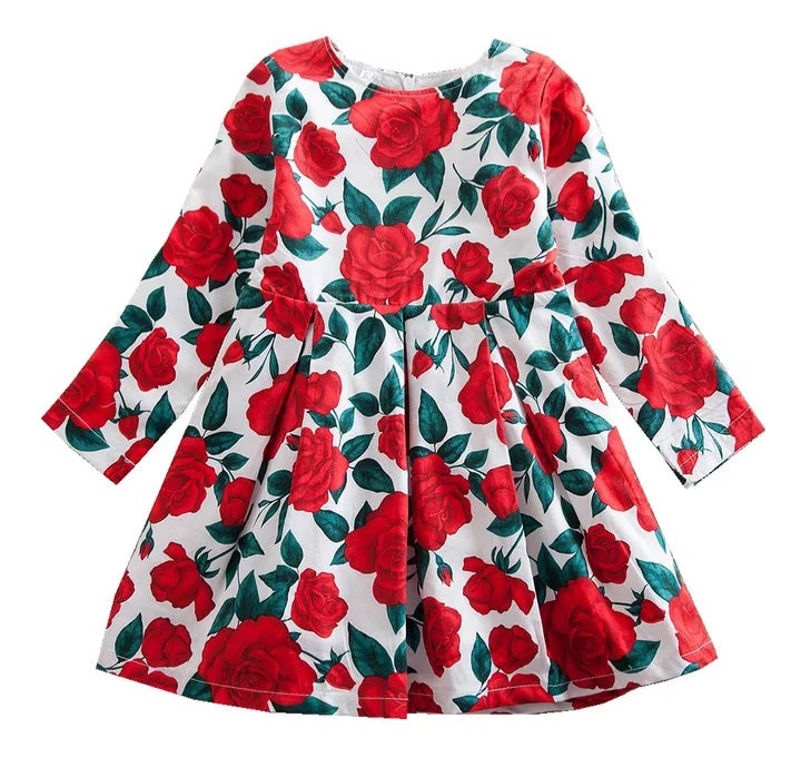 Long Sleeve Rose Dress, Size 3-8 Yrs