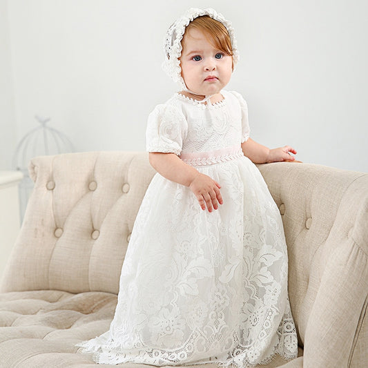 Long Lace Christening Dress & Bonnet (3M-23M)