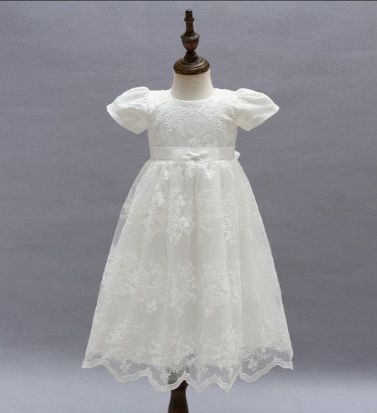 Short Sleeve Lace Christening Dress (3M-18M)