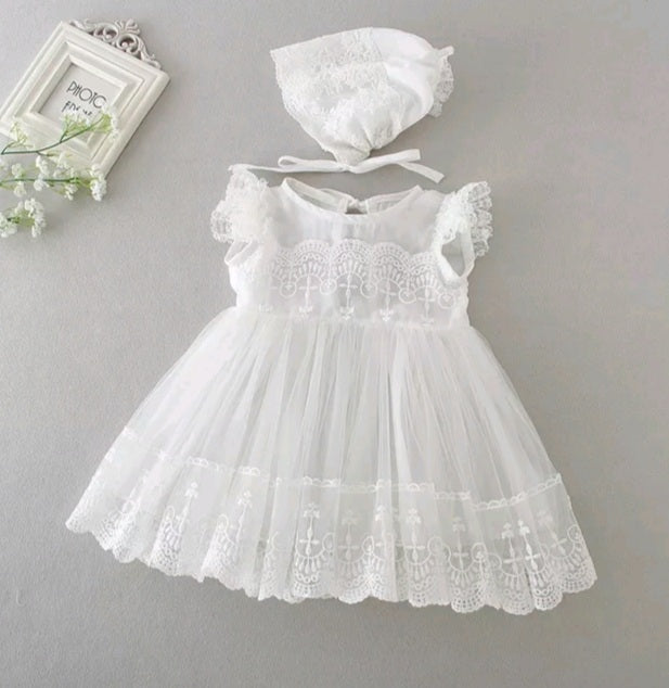 Frilled Baptism Dress & Bonnet (3M-24M)