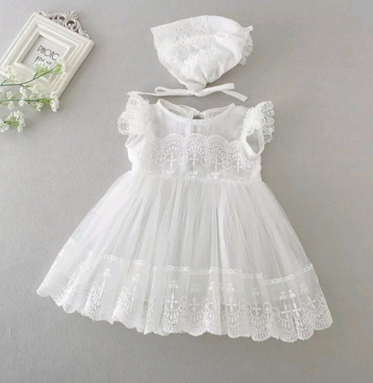 Frilled Baptism Dress & Bonnet (3M-24M)
