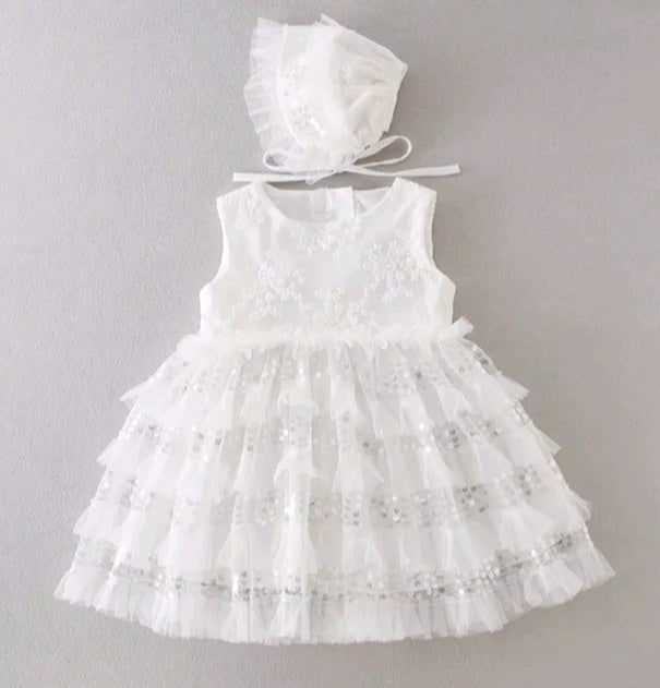 Frilled Shimmer Christening Dress & Bonnet