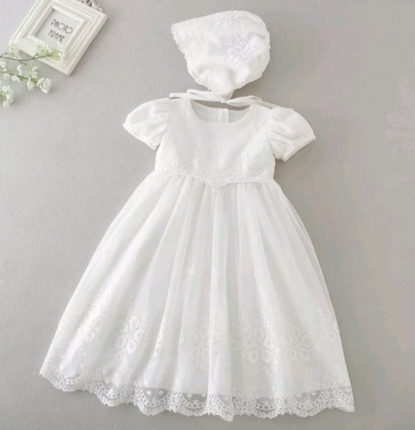 Short sleeve Christening Dress & Bonnet (3M-24M)