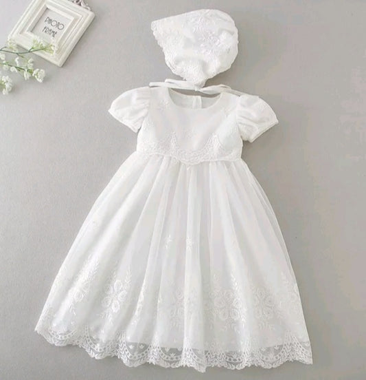 Short sleeve Christening Dress & Bonnet (3M-24M)