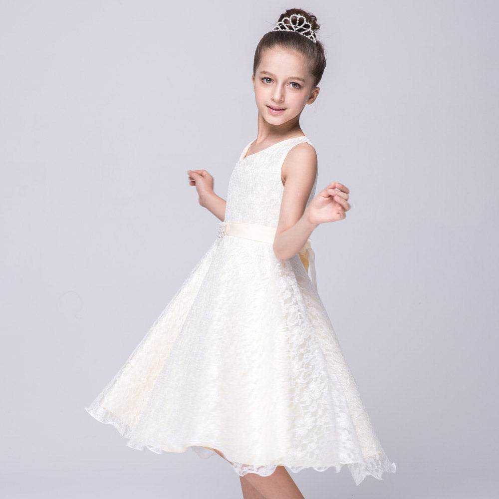 White Lace Sleeveless Dress, Size 4-14 Yrs