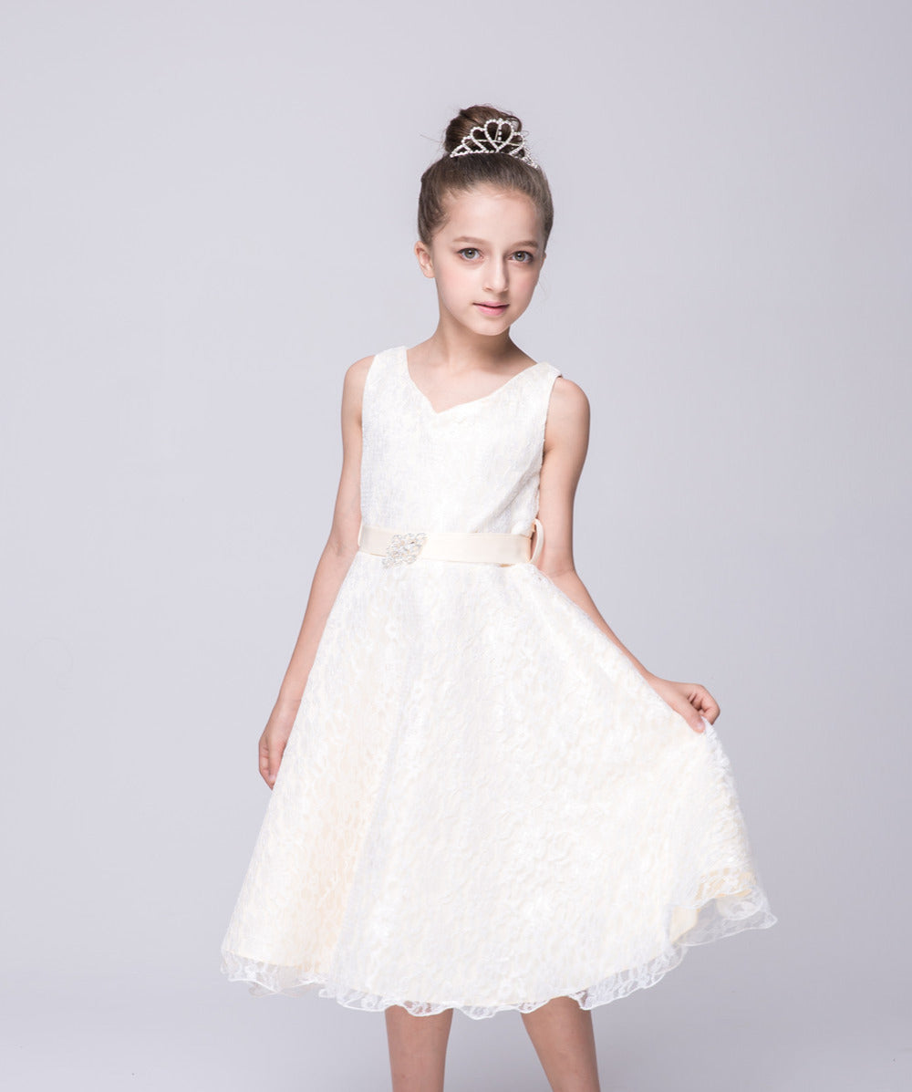 White Lace Sleeveless Dress, Size 4-14 Yrs