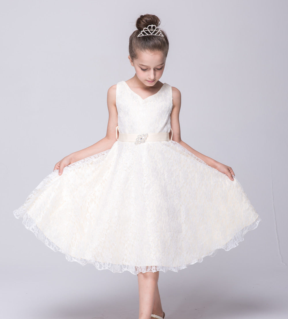 White Lace Sleeveless Dress, Size 4-14 Yrs