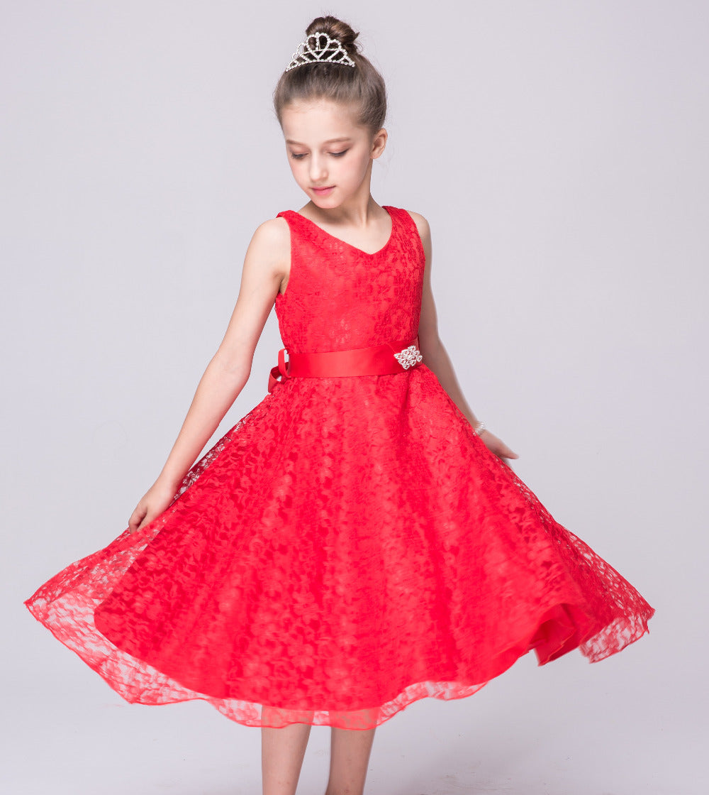 Red Lace Sleeveless Dress, Size 4-14 Yrs
