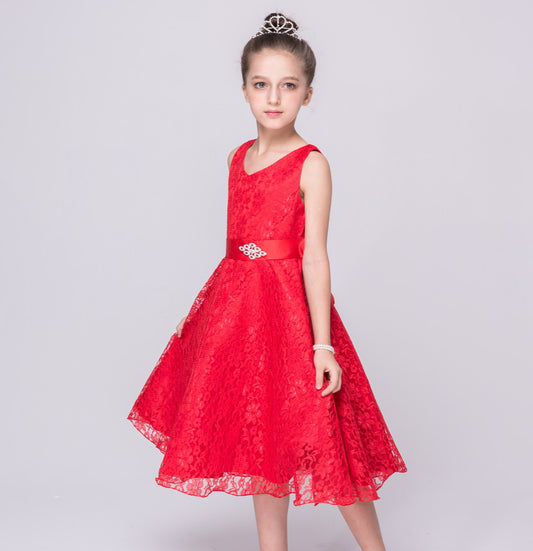 Red Lace Sleeveless Dress, Size 4-14 Yrs
