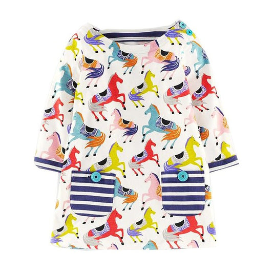 Girls Horse Print Long Sleeve Dress, Size 18M-7Yrs