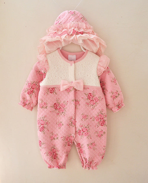 Newborn Floral Romper Suit & Hat, Size 0-12M