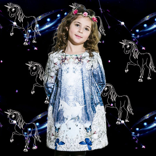 Girls Unicorn Print Dress, Size 2-14 Yrs