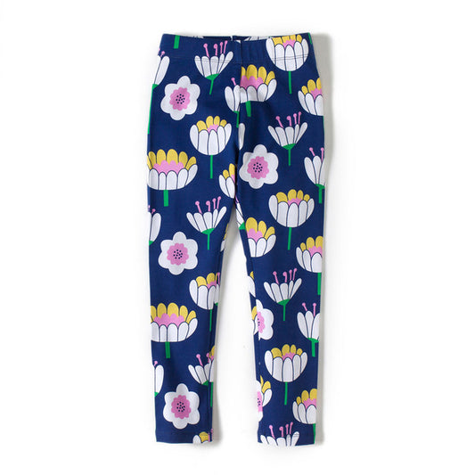 Girls Flower Print Leggings, Blue, Size 2-12 Yrs
