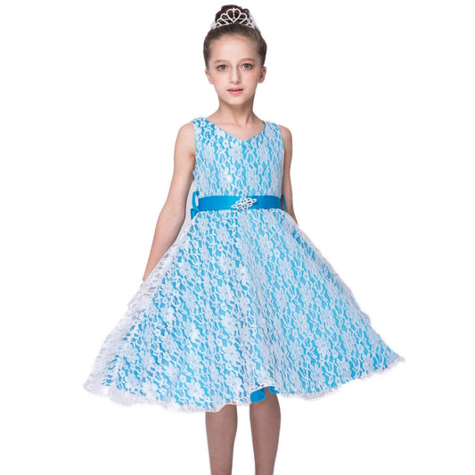 Blue Lace Sleeveless Dress, Size 4-14 Yrs