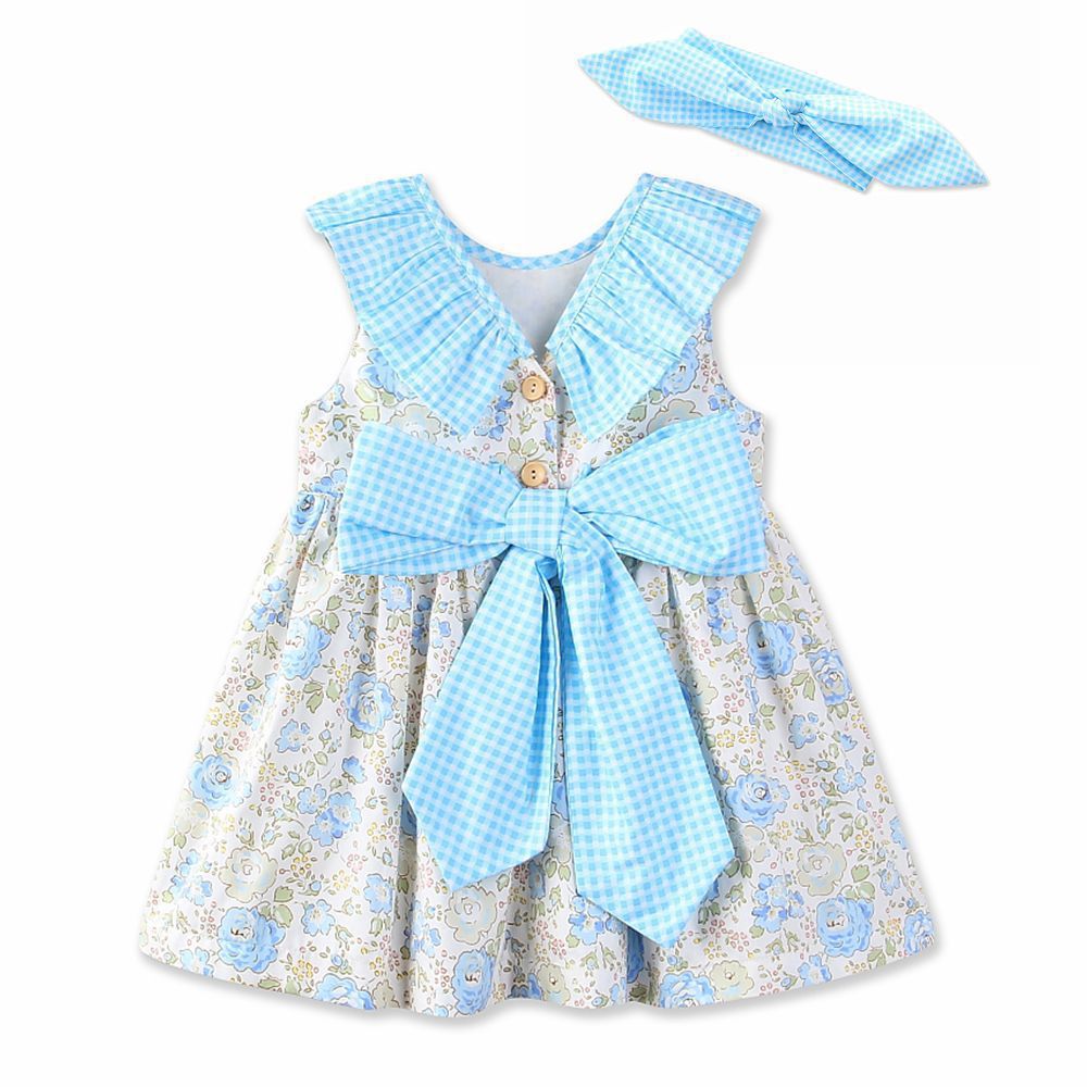 Cotton Gingham & Floral Dress, Blue, Size 1-6 Yrs