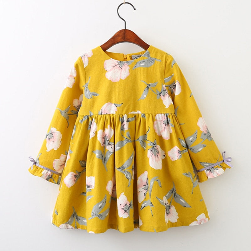 Yellow Cotton Floral Dress, Size 3-7Yrs