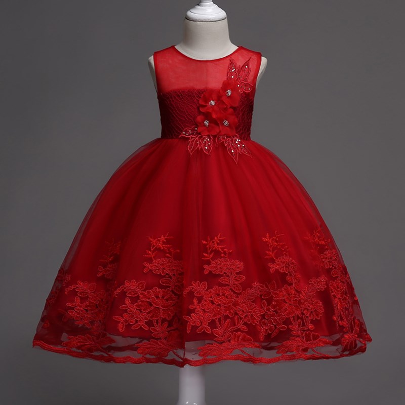 Red Petal Floral Party Dress, Size 2-12 Yrs