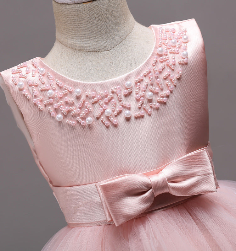 Peach Two Tier Beaded Dress, Size 3-10 Yrs