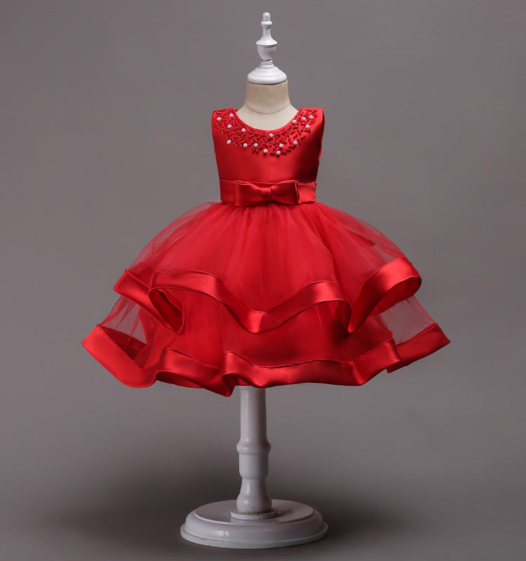 Red Two Tier Beaded Dress,, Size 3-10 Yrs