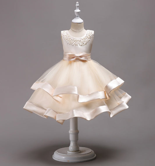 Champagne/Ivory Two Tier Beaded Dress, Size 3-10 Yrs
