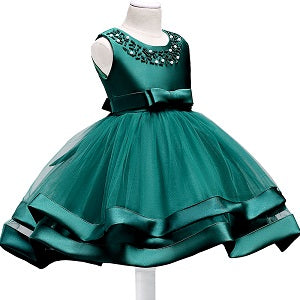 Green Two Tier Beaded Dress, Size 3-10Yrs