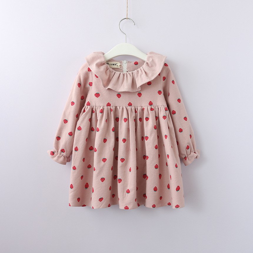 Pink Strawberry Cotton Dress, Size 3-7Yrs