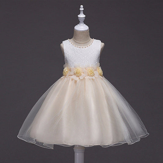 Champagne White Beaded Flower Dress, Size 3-12 Yrs