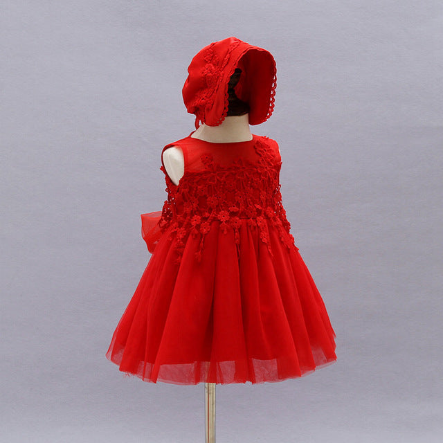 Red Baby Gown & Bonnet, Size 3-12M