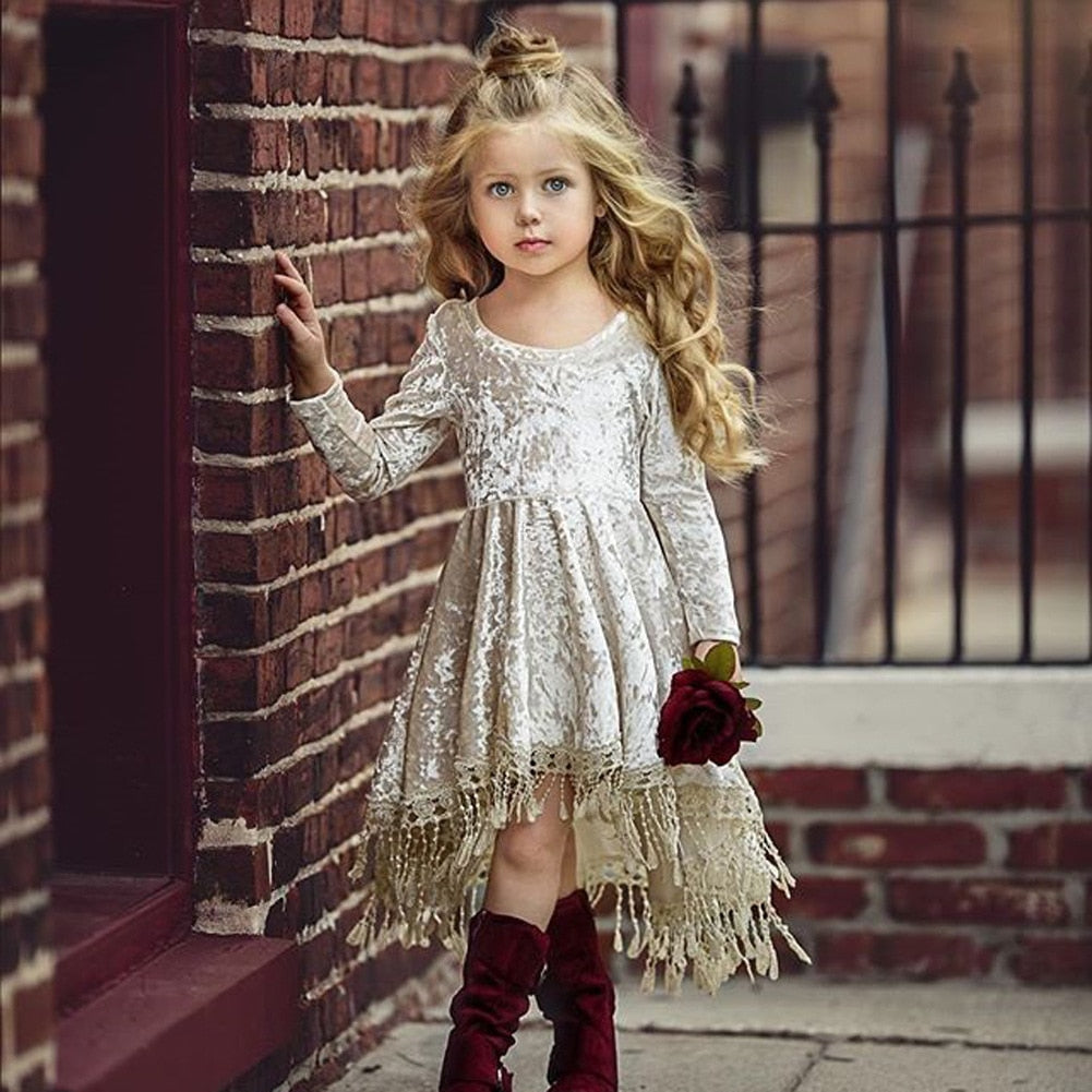 Champagne Velvet Tassel Dress, Size 6M-5Yrs