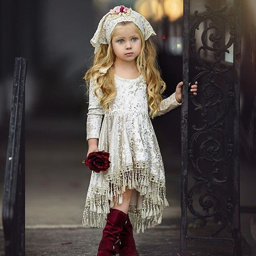 Champagne Velvet Tassel Dress, Size 6M-5Yrs