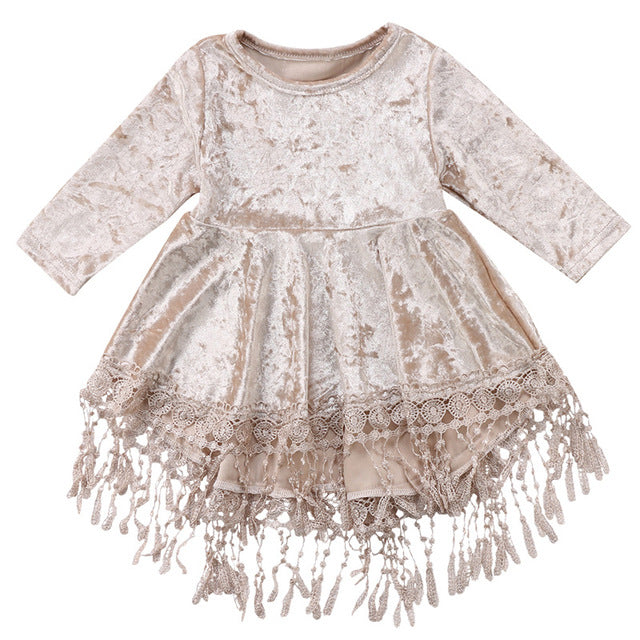 Champagne Velvet Tassel Dress, Size 6M-5Yrs