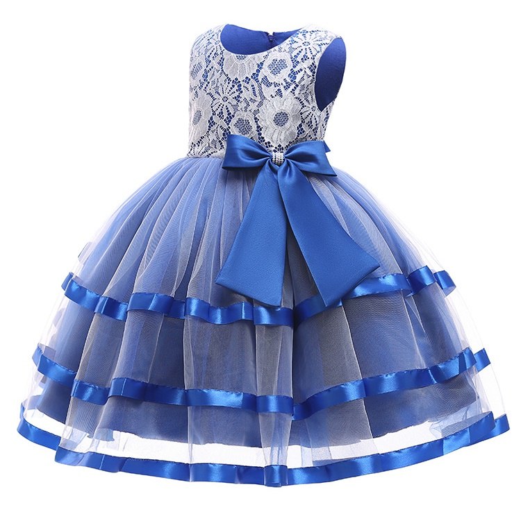 Blue Ribbon & Lace Dress, Size 3-12 Yrs