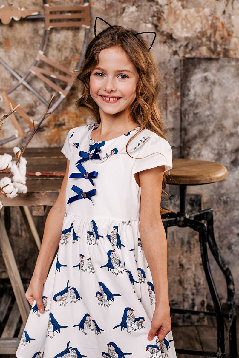 Birds & Bows Dress, 3-14 Yrs