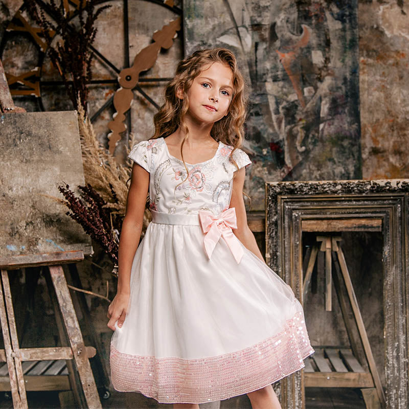 White Embroidered Cap Sleeve Dress, Size 3-10Yrs