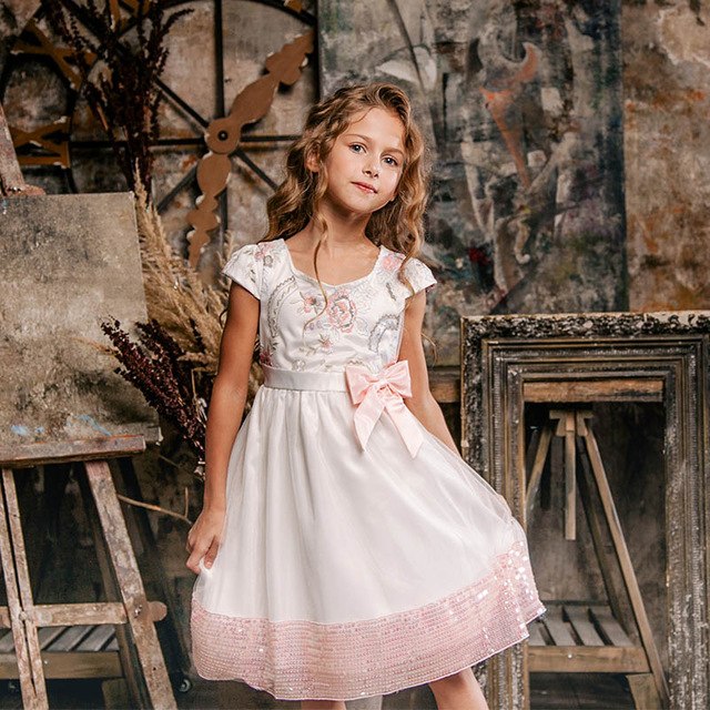 White Embroidered Cap Sleeve Dress, Size 3-10Yrs