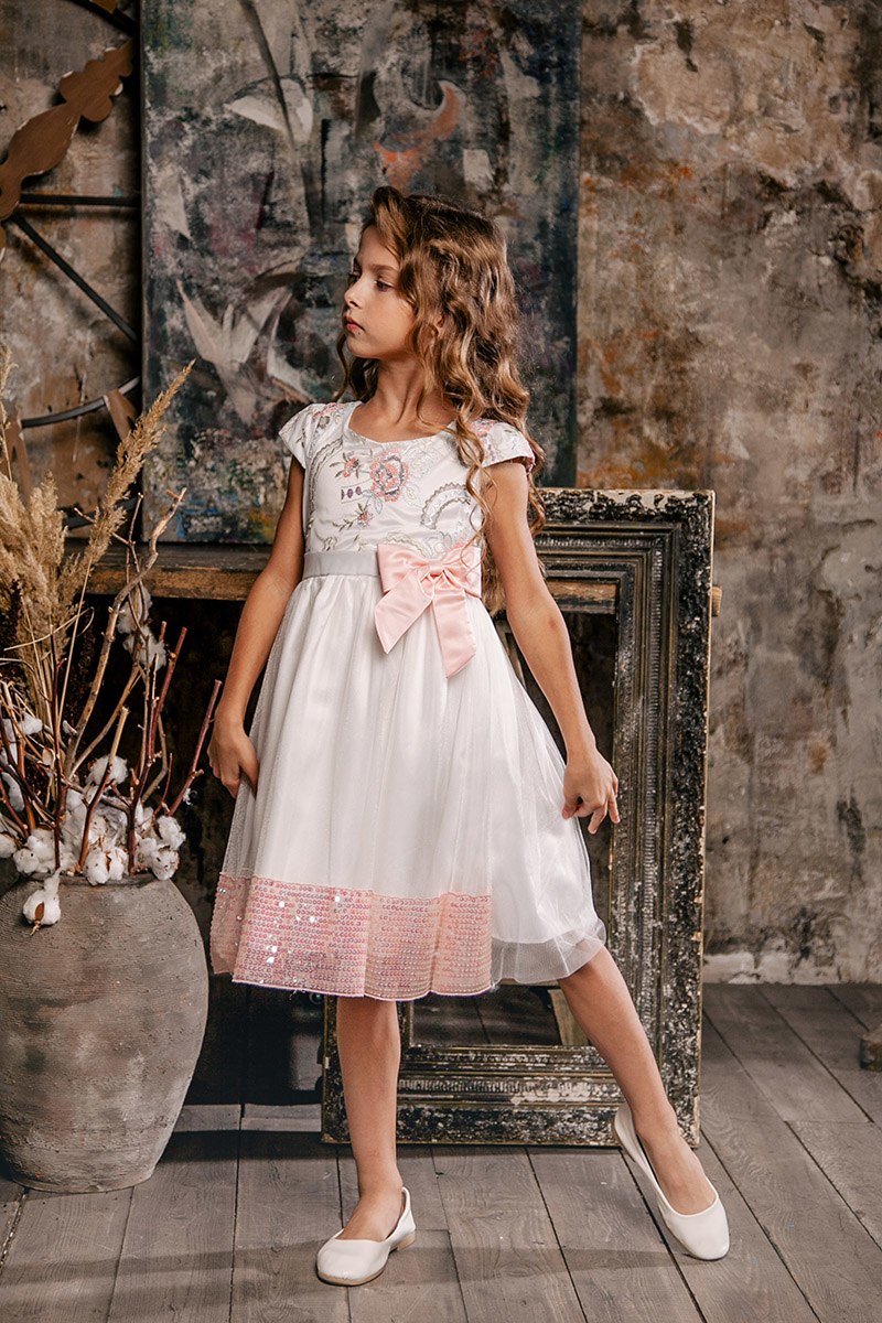 White Embroidered Cap Sleeve Dress, Size 3-10Yrs