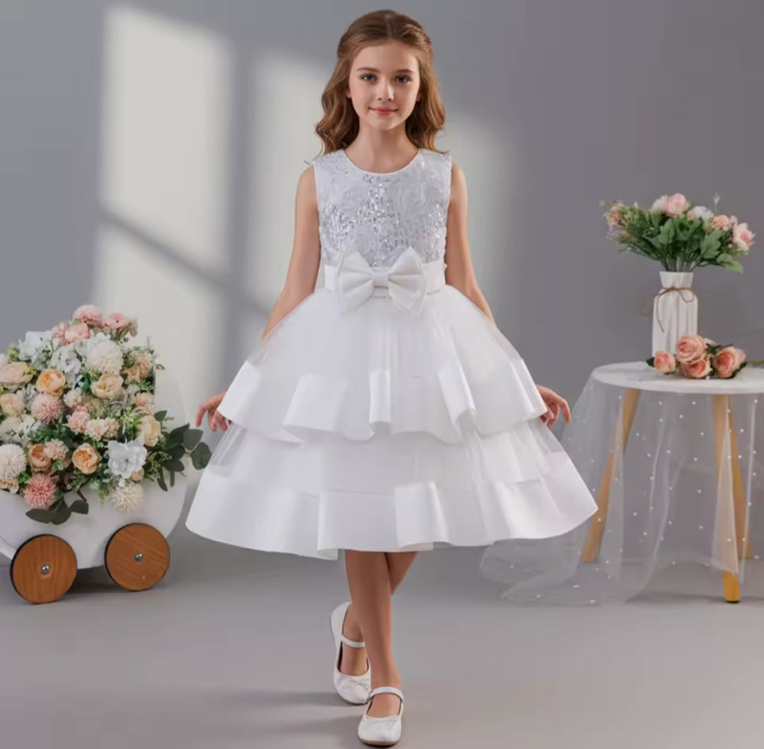 White Sequin Tiered Dress (2-10 Yrs)