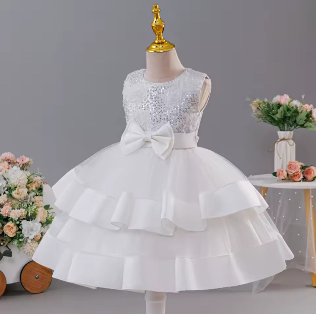 White Sequin Tiered Dress (2-10 Yrs)