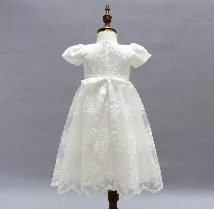 Short Sleeve Lace Christening Dress (3M-18M)