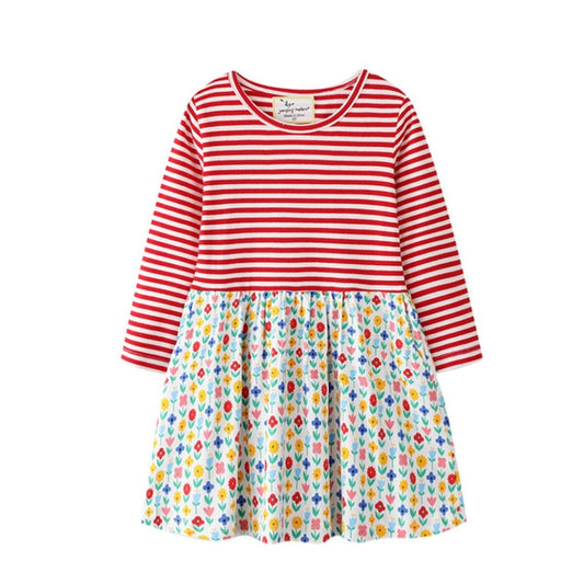 Long Sleeve Stripe Cotton Dress, Size 2-7 Yrs