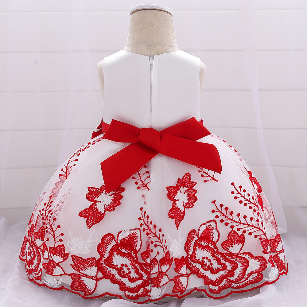 White/Red Embroidery Dress, Size 3M-24M