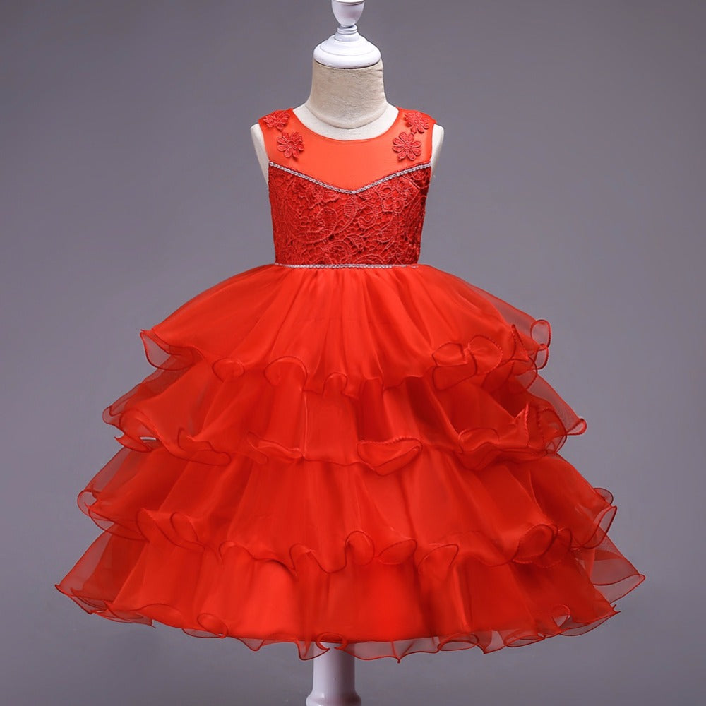 Red Layered Tulle Dress, Size 3-14 Yrs