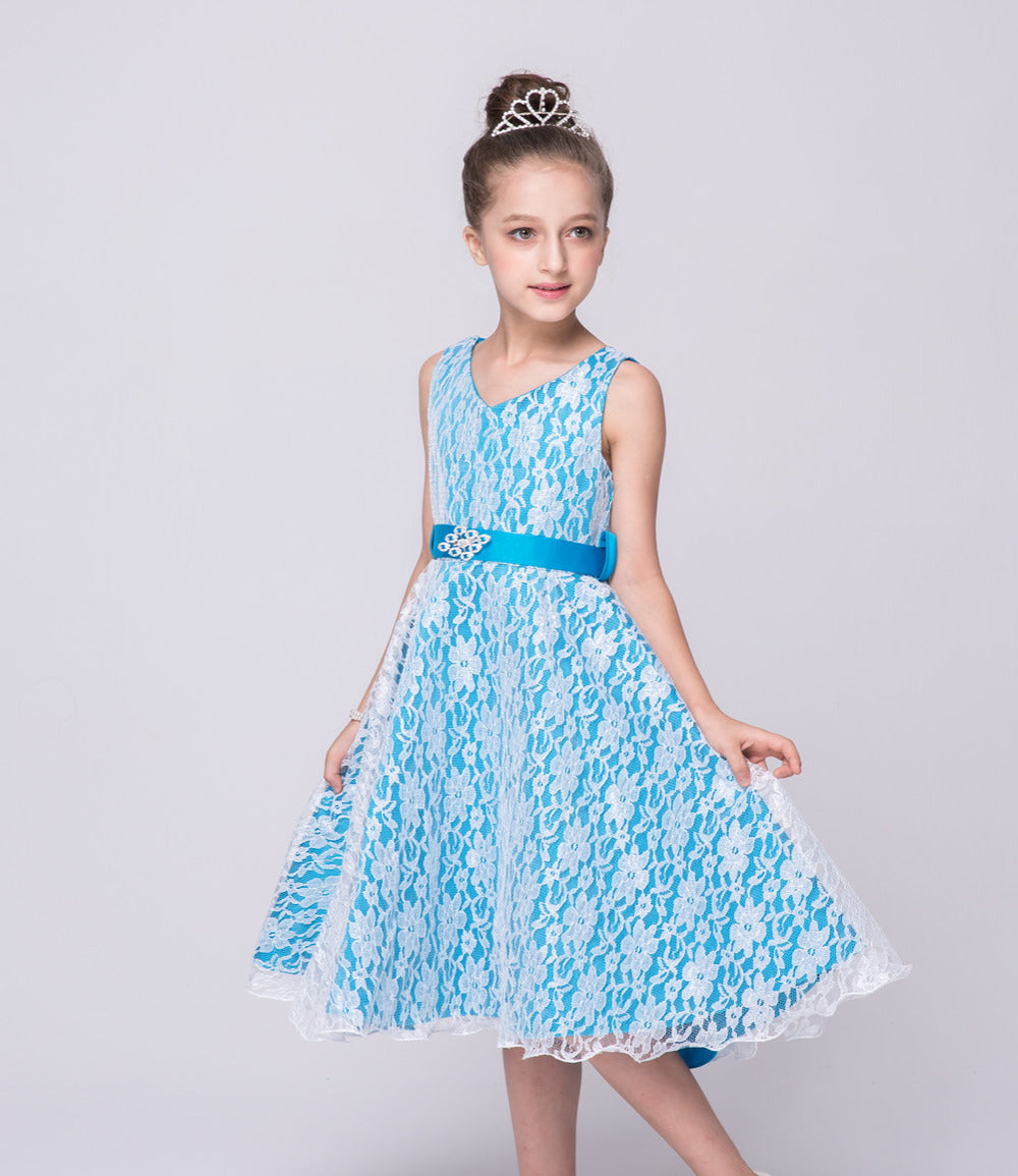 Blue Lace Sleeveless Dress, Size 4-14 Yrs