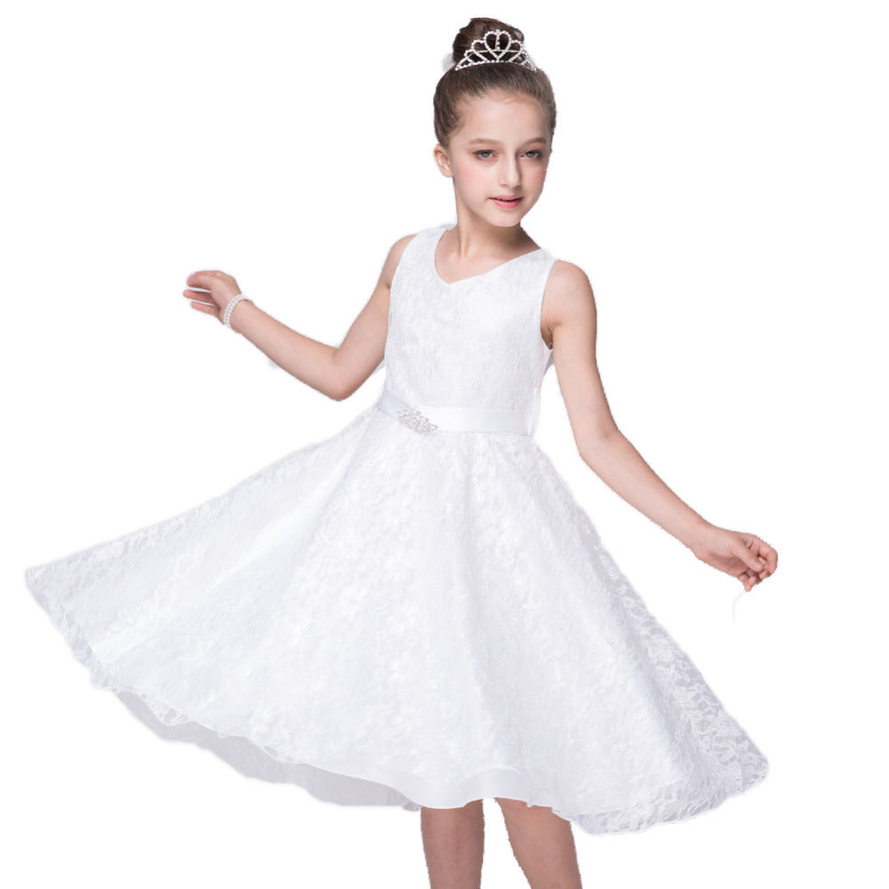 White Lace Sleeveless Dress, Size 4-14 Yrs
