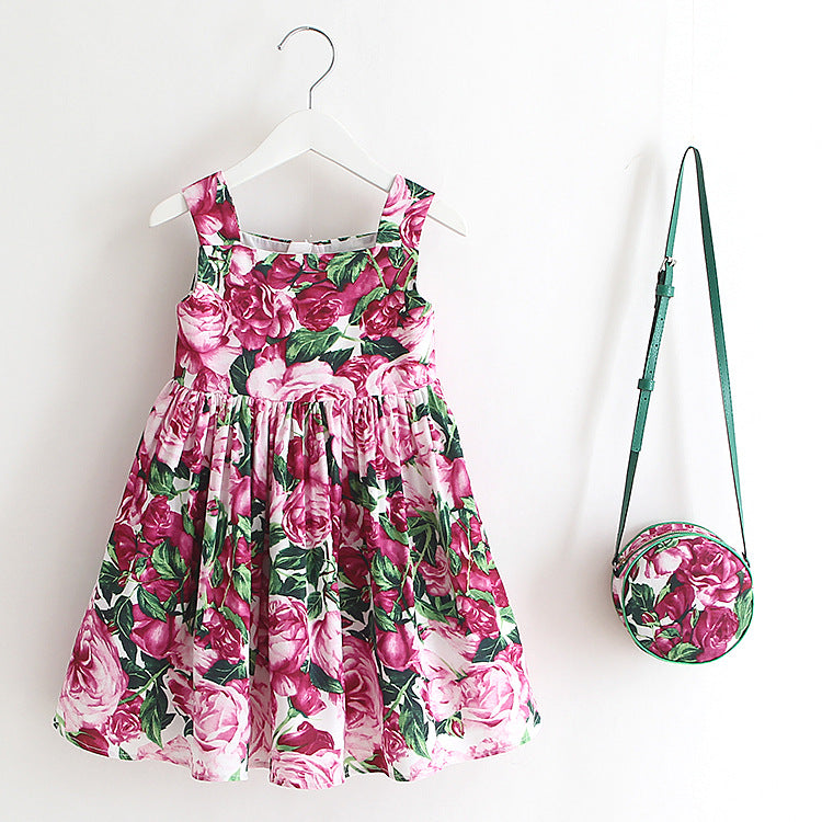 Girls Floral Rose Print Dress & Matching Bag, Size 2-8 Yrs