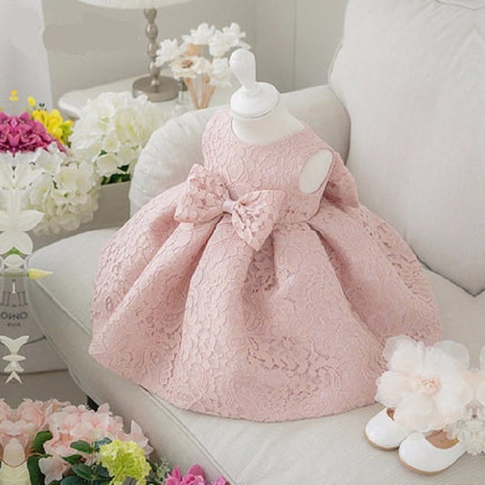 Pink Bow & Lace Dress, Size 18M-5Yrs