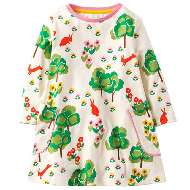 Girls Tree Print Cotton Dress, Size 18M-6Yrs